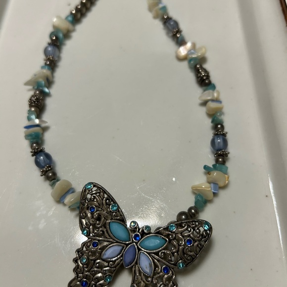 Silver Butterfly Necklace with Blue Accents - Picture 2 of 2